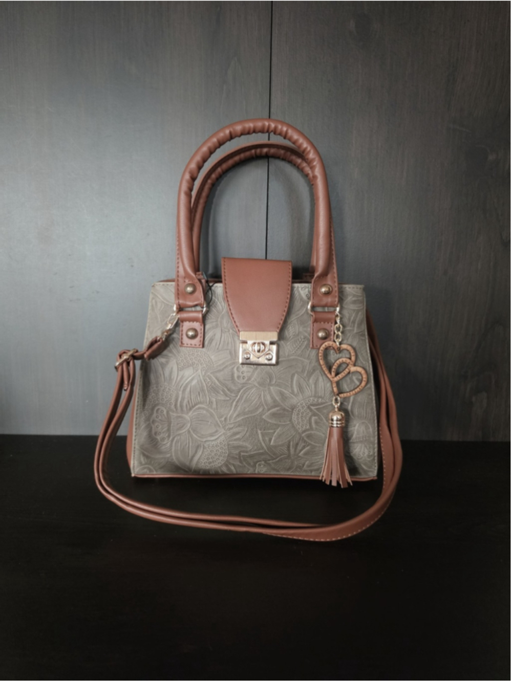 Gray Moss Green Tasseled Floral Embossed Tooled Artisan LEATHER Crossbody Purse - Picture 10 of 16